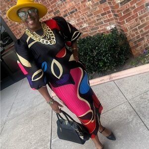 Elegant Black Multicolor Abstract Midi Dress